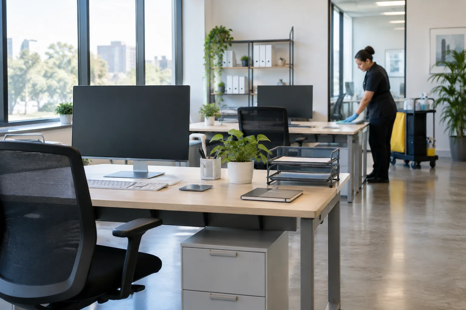 Bright clean office with a cleaner in the background